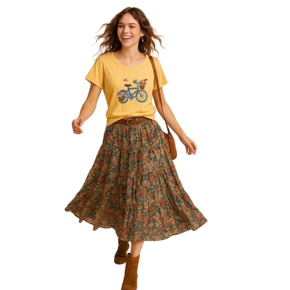 Liberty Lane Yellow Short Sleeve Bicycle Embroidery Floral T Shirt Size 1X